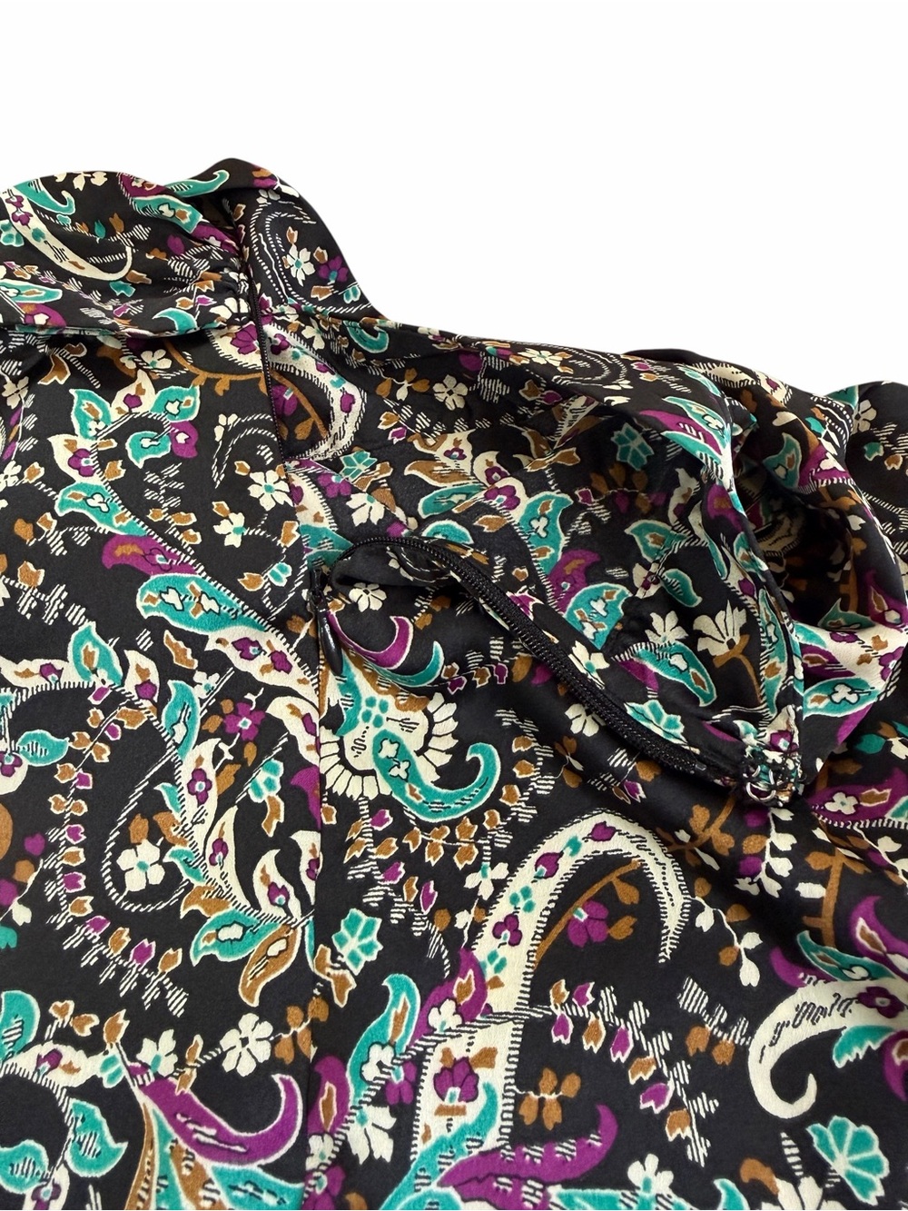 Chic Paisley Tie-Neck Blouse in Black, Teal & Purple - Picture 5 of 7